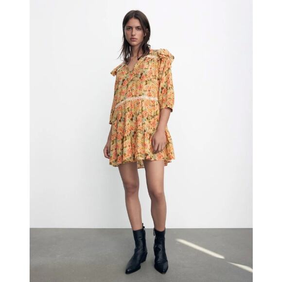NWT Zara Floral Print V-Neck Ruffle Sleeve Babydoll Mini Dress Size Medium - Picture 1 of 11